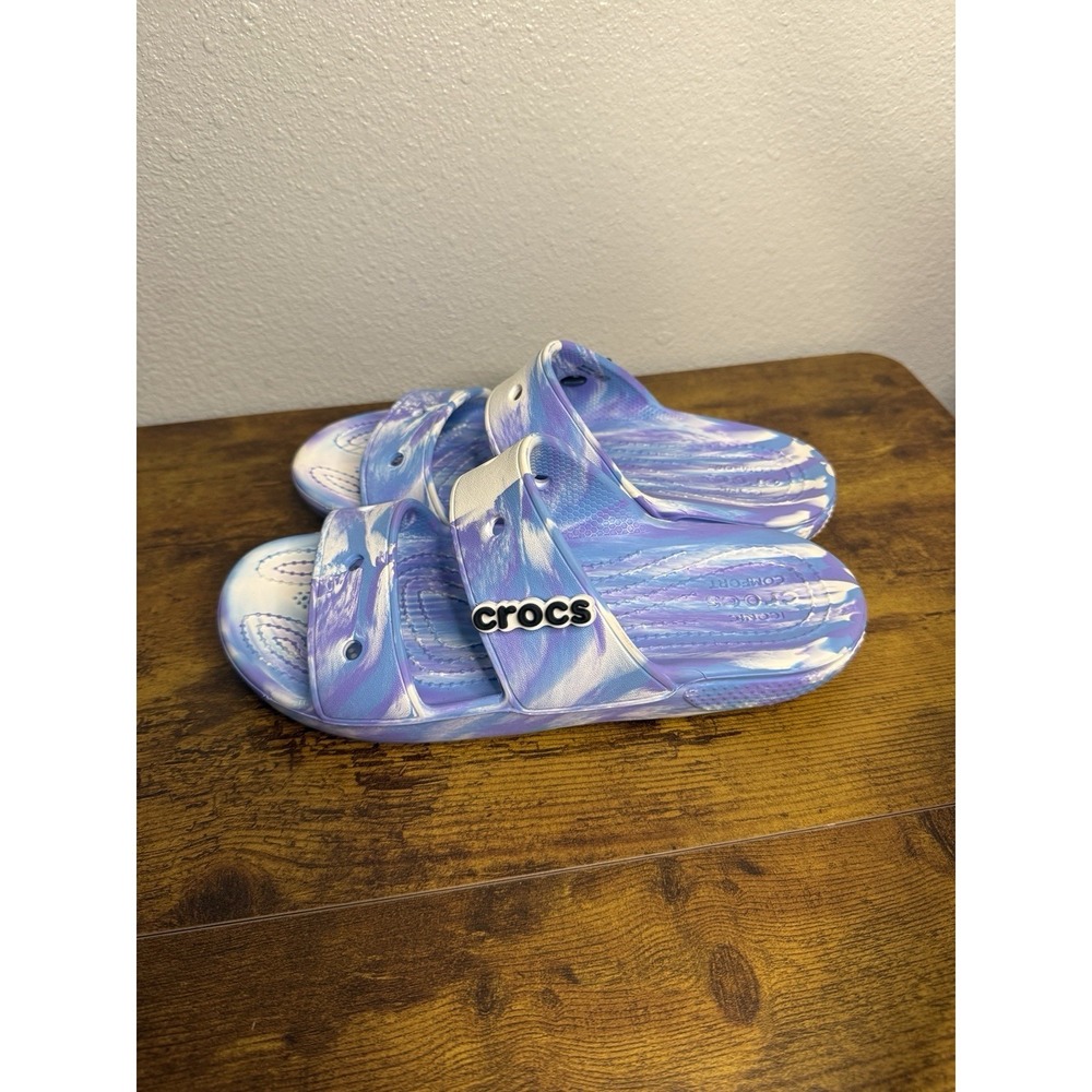 Crocs Sandals Women's 7 Men's  5 Purple Blue and White Tie Dye Two Straps - Picture 2 of 4